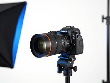 Crisp studio product photography setup, bright white background, electric blue lighting accents, high-key lighting, professional camera gear