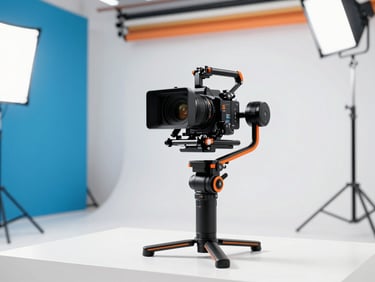 A sleek camera stabilizer rig on a bright studio set, safety orange accents, sun-drenched lighting, modern production environment