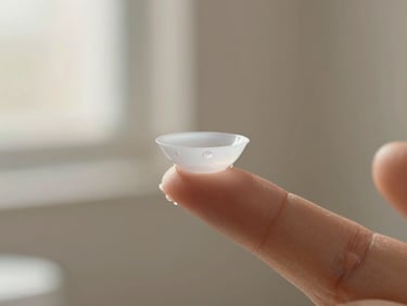 Close-up of a contact lens on a fingertip with clean water droplets, soft clinical lighting, warm neutral tones