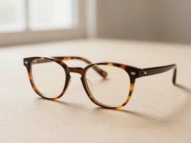 Close-up of elegant tortoiseshell glasses resting on a warm sand surface, soft side light, shallow depth of field