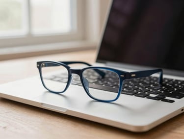 Close-up of modern blue-light blocking glasses next to a clean workspace laptop, soft natural window light