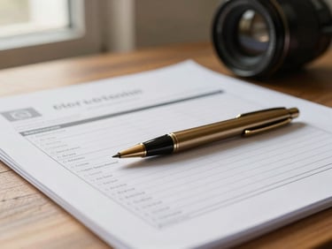 Close-up of physical financial audit reports with a high-end bronze pen on a wooden desk, soft warm window light