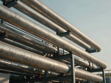 Low-angle shot of a modern manufacturing facility in Ikeja, warm natural light, structured industrial pipes in the background, sharp details
