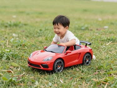 Eye-level shot of a child laughing while chasing a bright red remote control car on grass, soft daylight