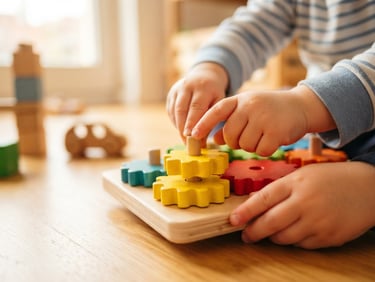 Eye-level close-up of a child's hands assembling a bright yellow wooden gear toy on a sunny floor, soft warm daylight, shallow depth of field