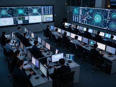 Wide architectural overhead view of a security operations center at night, banks of monitors displaying network topology maps and threat vector overlays in cool cyan-blue light, operators at consoles in dim blue-lit environment, calm under load, no alarmed faces, shot from above and to the side revealing the full room geometry