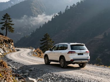A sturdy white all-wheel-drive SUV traversing a winding gravel road in Sikkim, dramatic mountain shadows, misty pine forests, wide environmental shot.
