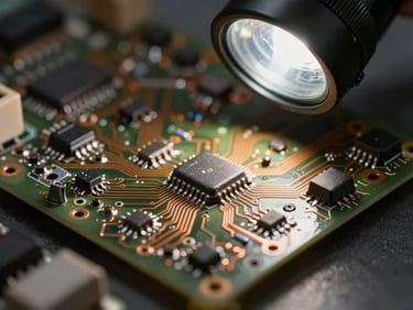 Macro close-up of vintage circuit board with clean solder joints, focused bench-lamp lighting, copper backlights, shallow depth of field.