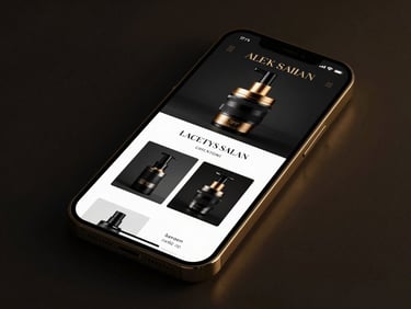 Sleek website design for a luxury salon displayed on a smartphone, dark-mode, soft golden glow, deep shadows, macro lens, ultra-sharp 8k