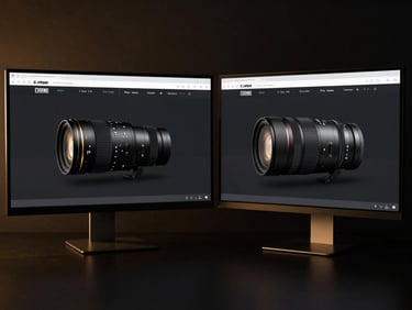 Before and after comparison of a website on two sleek monitors, dark workspace, subtle golden light, ultra-sharp 8k