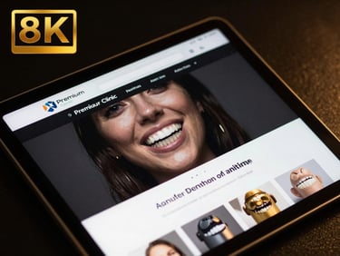Close-up of a premium dental clinic website on a tablet, clean isometric angle, dark background, golden light, ultra-sharp 8k