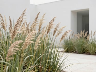 Tall structural ornamental grasses swaying gently, minimalist modern architecture in the background, diffused daylight