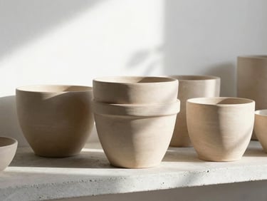 Minimalist raw clay pots arranged on a concrete shelf, soft daylight casting gentle organic shadows, 35mm lens