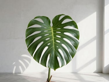 Foliage of a large Monstera Deliciosa with dramatic architectural shadows in a bright, minimalist concrete room, 35mm lens, diffused daylight.