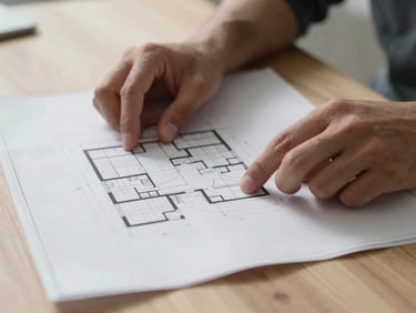 Macro close-up of hands reviewing architectural blueprints on a minimalist oak table, soft morning daylight