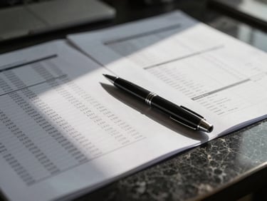 Close-up of financial spreadsheets and a sleek pen on a dark marble desk, low-contrast natural light