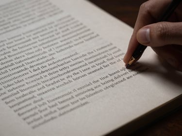 Macro close-up of hands reviewing a high-quality printed legal manuscript under dramatic side-lighting