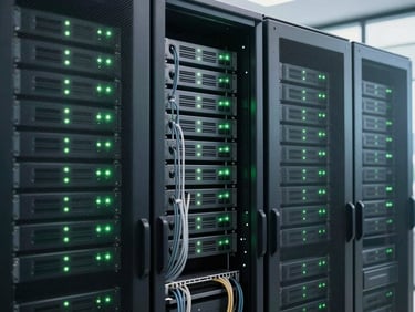 Modern server infrastructure with clean cable management, soft green indicator lights, crisp corporate photography