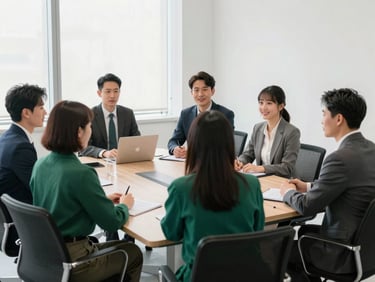 Collaborative compliance workshop in a bright corporate boardroom, professional consultants in business-casual attire
