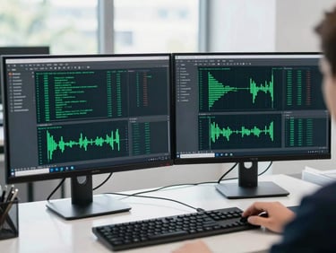 Focused security analyst examining clean data visualizations on dual monitors, bright daylight, professional environment
