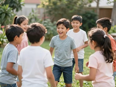 Group of Latin children playing an active outdoor game in a green garden, sunny day, laughter, candid, 35mm
