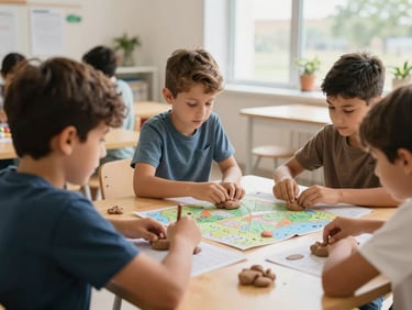 Luminous interior of a modern learning space, Latin children collaborating around a wooden table with maps and clay, natural daylight, soft focus.