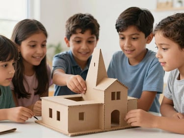 Bright editorial photography of Latin children collaborating on a large cardboard architectural model, natural daylight, soft warm tones, candid expressions of curiosity, shallow depth of field, 35mm