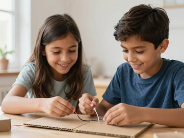 Two Latin kids building a small science project with cardboard and wires, smiling naturally, bright daylight, 35mm