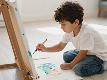 A young Latin child painting on a large canvas on the floor, natural light, focused expression, candid, 35mm