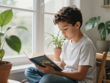A Latin boy reading a book near a bright window surrounded by plants, peaceful atmosphere, candid, 35mm