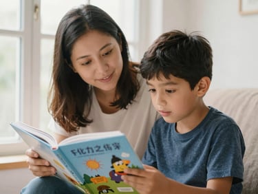 A parent and a young Latin boy looking at a science book together near a bright window, warm atmosphere, authentic moment.