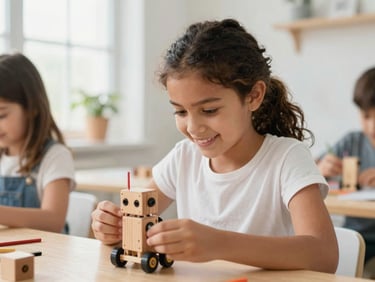 A Latin girl carefully assembling a small wooden robot, looking focused and happy, bright workshop room, natural light.