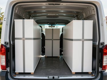 Interior of a clean, organized Home Haven moving truck, custom-wrapped furniture secured with soft-padded straps against the walls, bright daylight illuminating the structured arrangement.