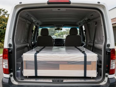 A clean, organized moving truck interior with custom padded walls, showing secure straps holding wrapped high-value furniture in place under natural daylight.
