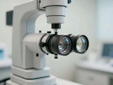 Medium close-up of a modern ophthalmic corneal topographer in a brightly lit, sterile clinic, soft natural light reflecting off clean glass lenses.