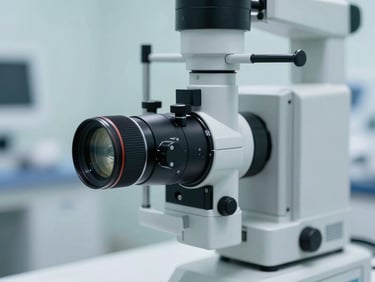 Macro close-up of a modern ophthalmic slit lamp diagnostic machine in a sterile clinic, bright clean clinical lighting, soft blue tones.