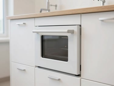 Close-up of a dental sterilization center, clean white cabinetry, integrated autoclave compartment, soft architectural studio lighting