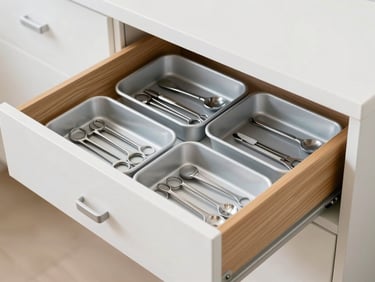 Detailed shot of open cabinet drawers showing structured clinical trays, organized instruments, warm wood-grain interior accents