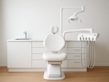 Straight-on architectural elevation of a pristine white dental doctor unit, integrated stainless steel sink, soft daylight, sharp 50mm lens