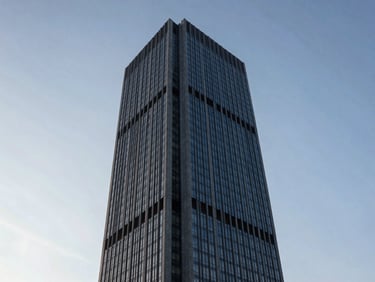 Clean architectural perspective of a business tower in Sao Paulo, early morning light, sharp geometric lines
