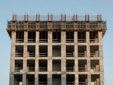 Symmetrical elevation of a concrete mid-rise building under construction, safety netting visible, sharp afternoon shadows.