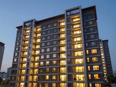 Wide-angle shot of a multi-family residential building exterior framing at dusk, glowing construction lights.