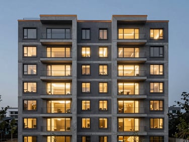 Symmetrical elevation of a completed five-story mixed-use development at dusk, warm interior lights contrasting with raw concrete exterior