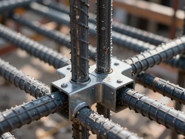 Close-up of seismic-ready steel joints and concrete reinforcement bars on an active commercial construction site.