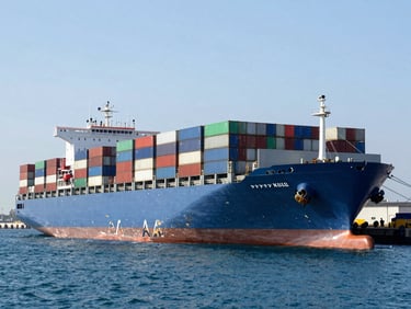 Wide-angle crisp daylight shot of a massive cargo ship loaded with industrial containers docked at a modern port, deep blue water, clean composition