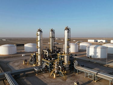Wide-angle aerial drone shot of a massive modern petrochemical plant in Turkmenistan, industrial pipelines and storage tanks under crisp blue morning light, cinematic composition.