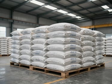 Modern industrial warehouse interior with stacked bulk bags of petrochemical fertilizers, clean and structured layout.