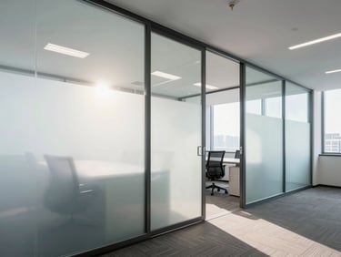 A professional office conference room featuring clean frosted decorative glass partitions, bright natural daylight, crisp corporate interior.