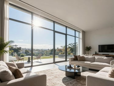 Bright modern living room with large floor-to-ceiling windows, soft sun flares filtering through, showing comfortable indoor seating and a clear outdoor view.