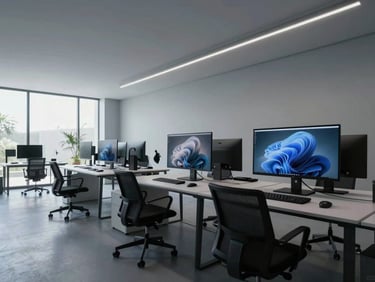 Wide architectural angle of a modern minimalist workspace with natural cool-toned light reflecting off high-resolution displays showing fluid dynamic renders.
